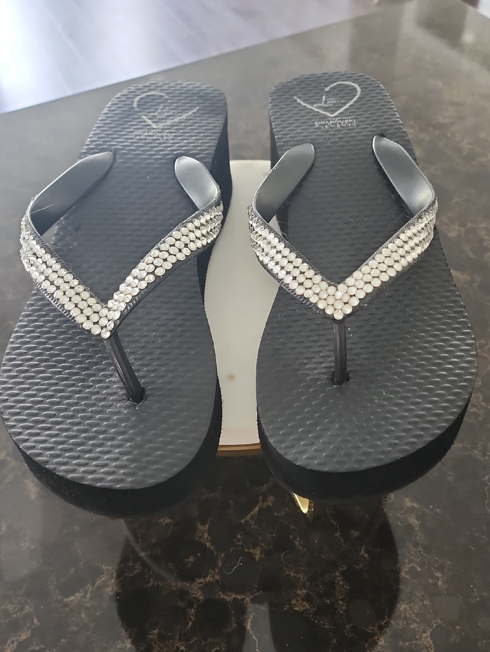 Black Swarovski Elements Wedge Flip Flops - Women